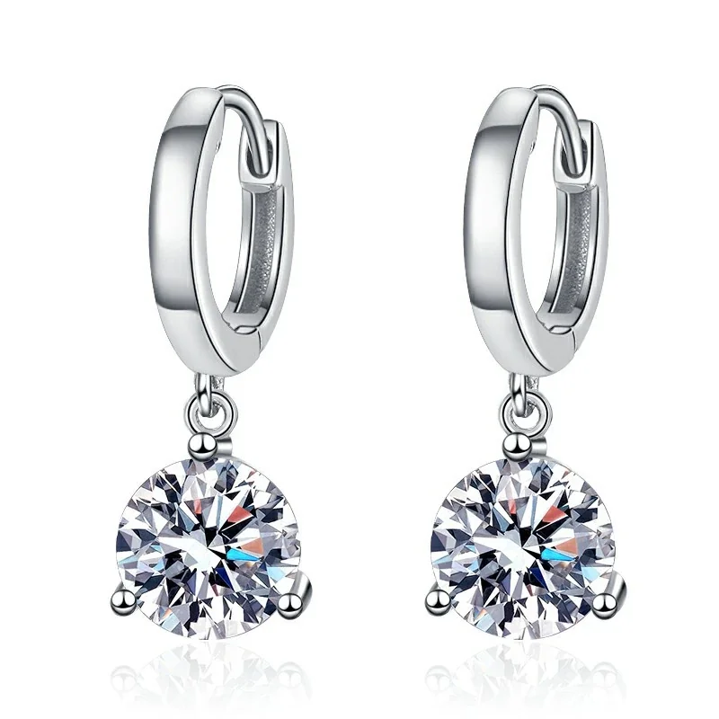 Polished Hoop Three-Prong Round Moissanite Drop Earrings