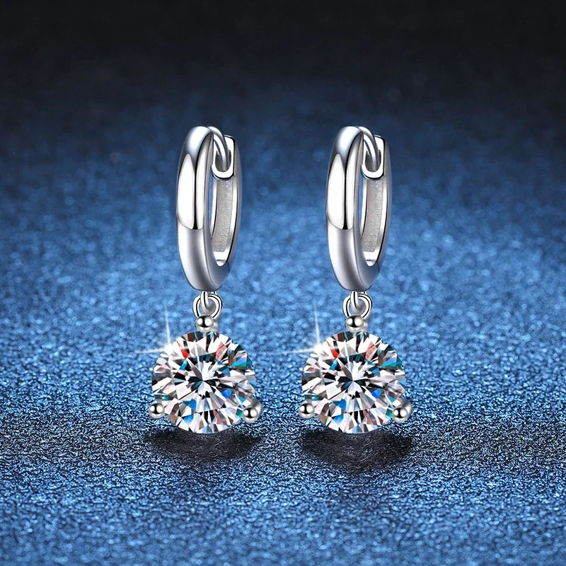 Polished Hoop Three-Prong Round Moissanite Drop Earrings