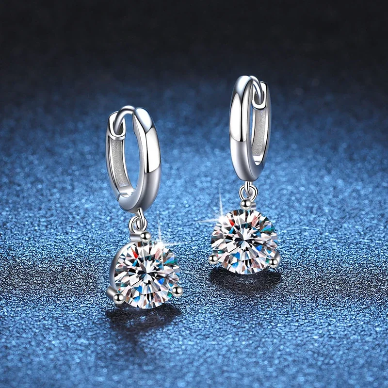 Polished Hoop Three-Prong Round Moissanite Drop Earrings