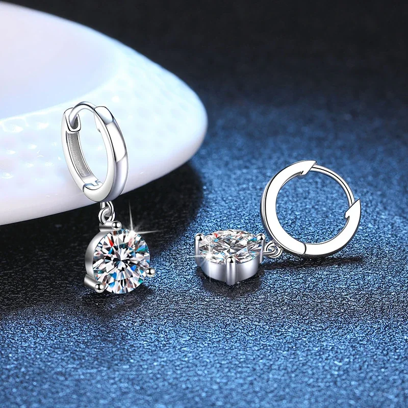 Polished Hoop Three-Prong Round Moissanite Drop Earrings