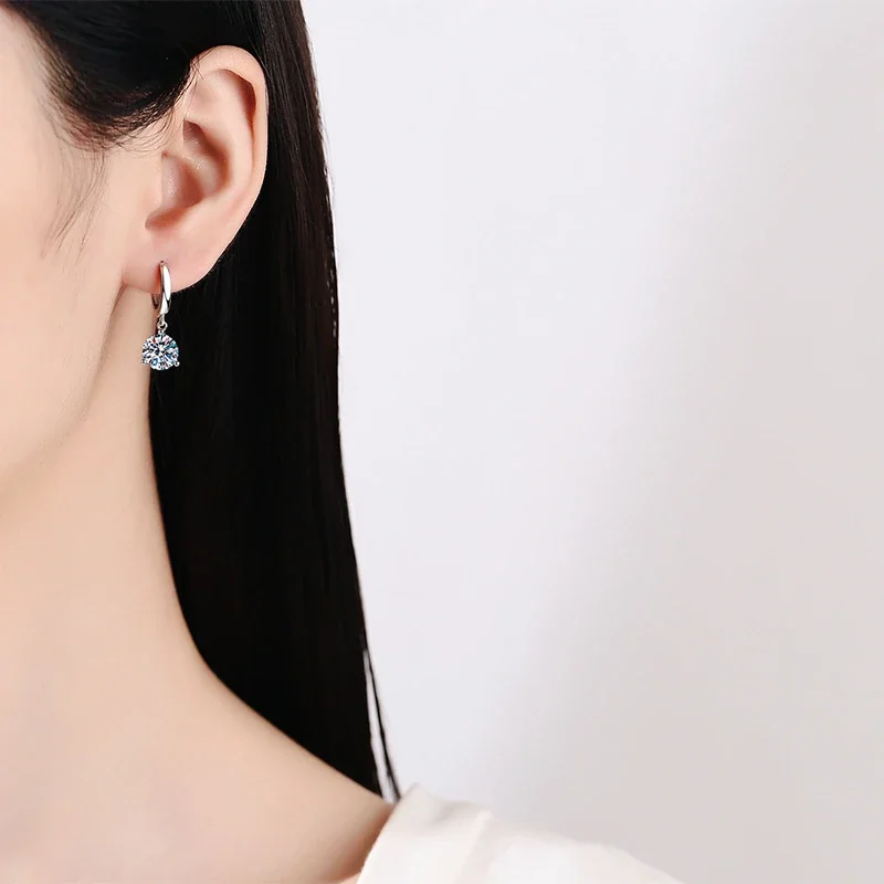 Polished Hoop Three-Prong Round Moissanite Drop Earrings