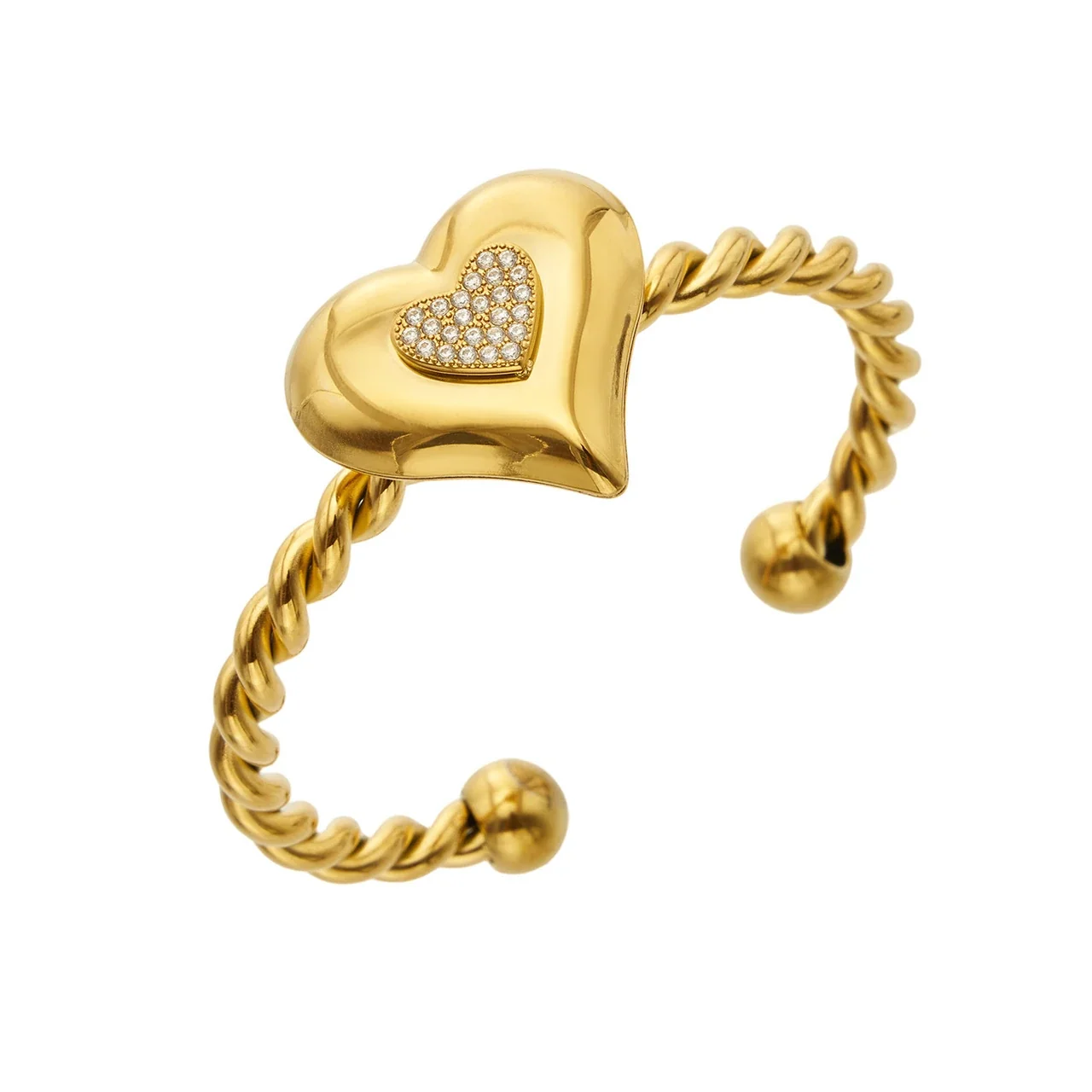 Sculptural Heart Stainless Steel Twisted Pavé Bangle