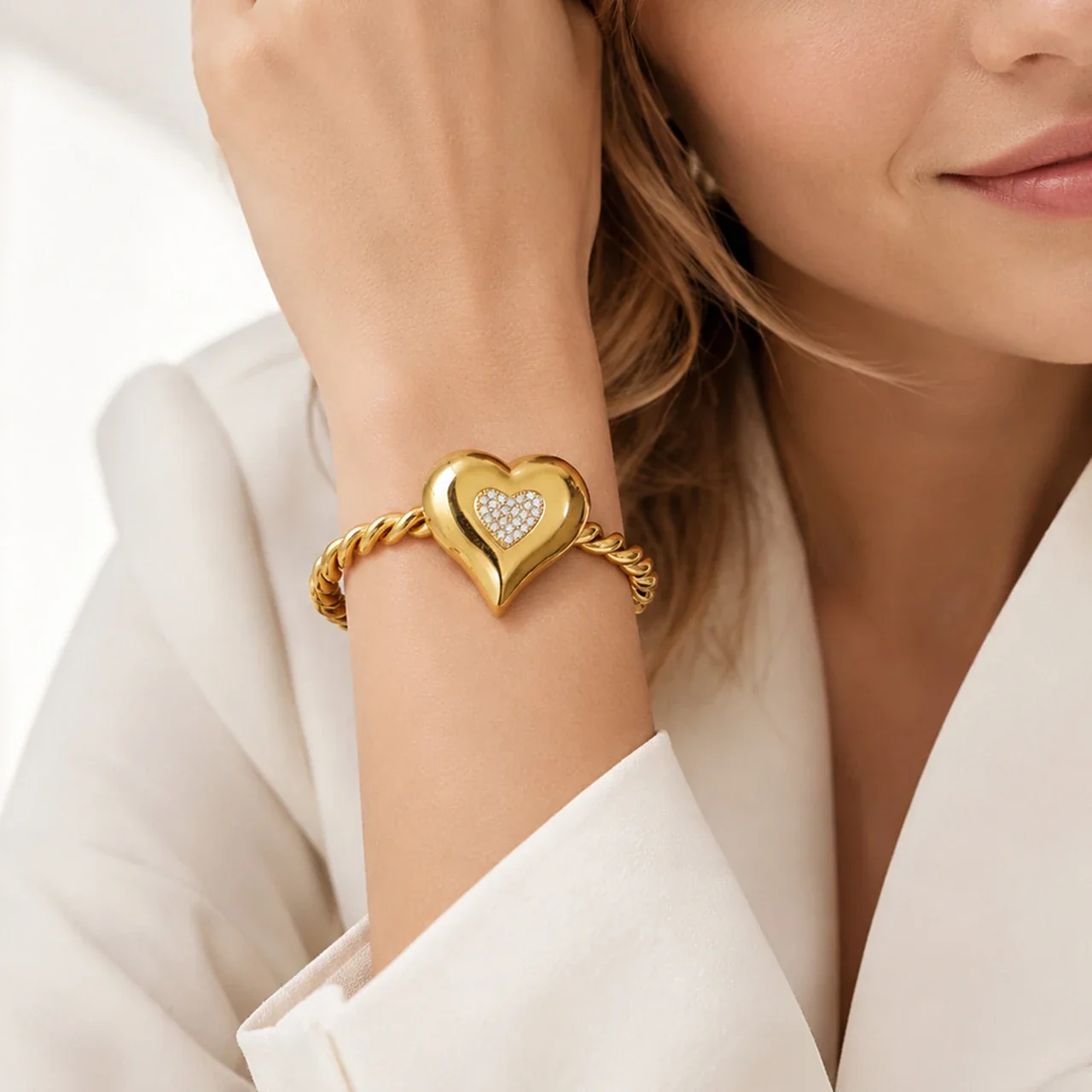 Sculptural Heart Stainless Steel Twisted Pavé Bangle