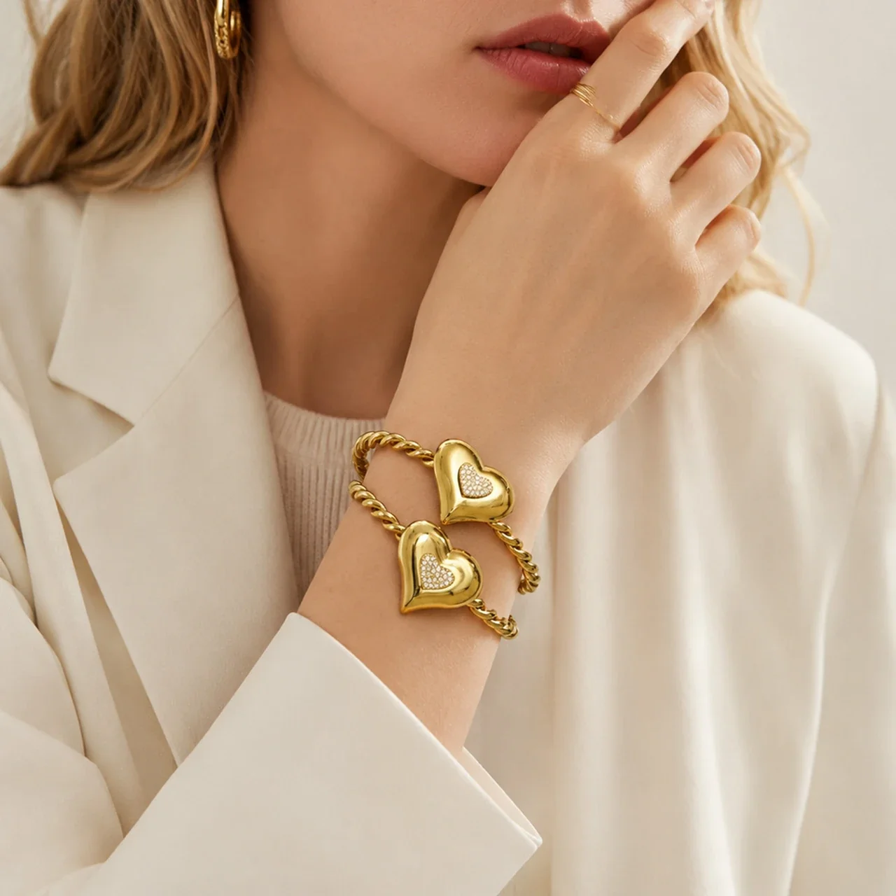 Sculptural Heart Stainless Steel Twisted Pavé Bangle