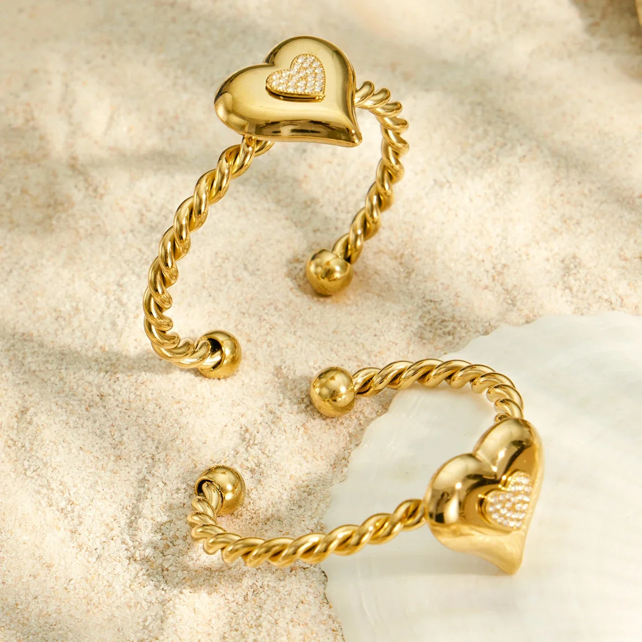 Sculptural Heart Stainless Steel Twisted Pavé Bangle