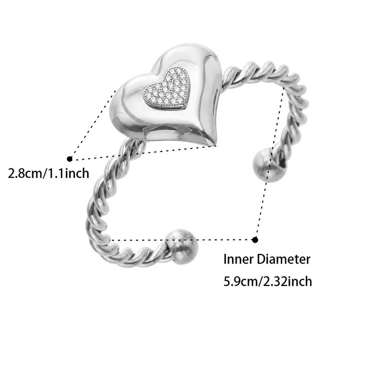 Sculptural Heart Stainless Steel Twisted Pavé Bangle - Silver Heart CZ