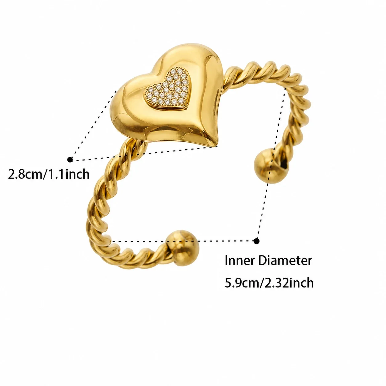 Sculptural Heart Stainless Steel Twisted Pavé Bangle - Gold Heart CZ