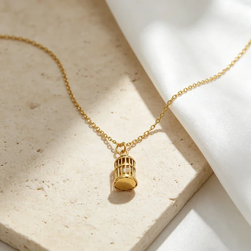 Sculptural 18K Gold-Plated Birdcage Bar Pendant Necklace