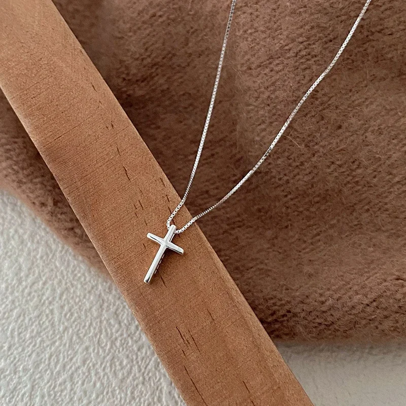 Minimal 925 Sterling Silver Cross Box Chain Necklace