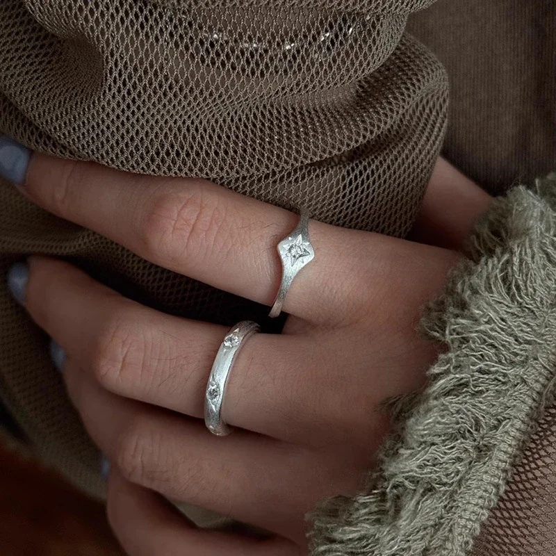 Brushed 925 Sterling Silver Star & Stone Open-Front Ring