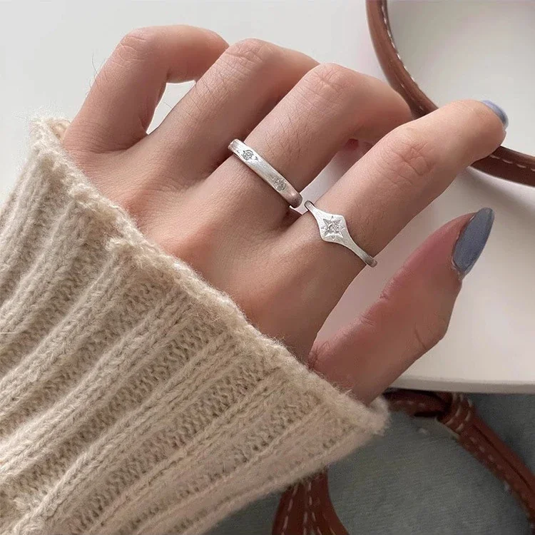 Brushed 925 Sterling Silver Star & Stone Open-Front Ring