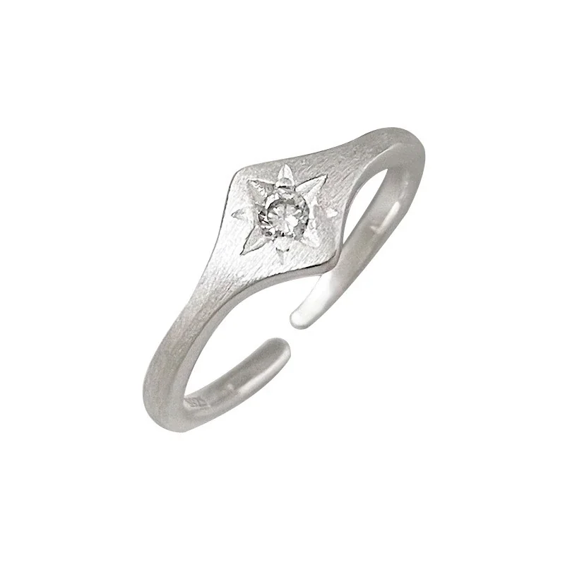 Brushed 925 Sterling Silver Star & Stone Open-Front Ring - Silver Eight-Point Star