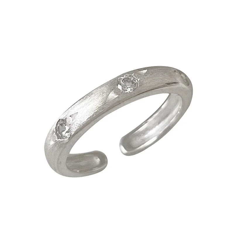 Brushed 925 Sterling Silver Star & Stone Open-Front Ring - Silver Curved Band