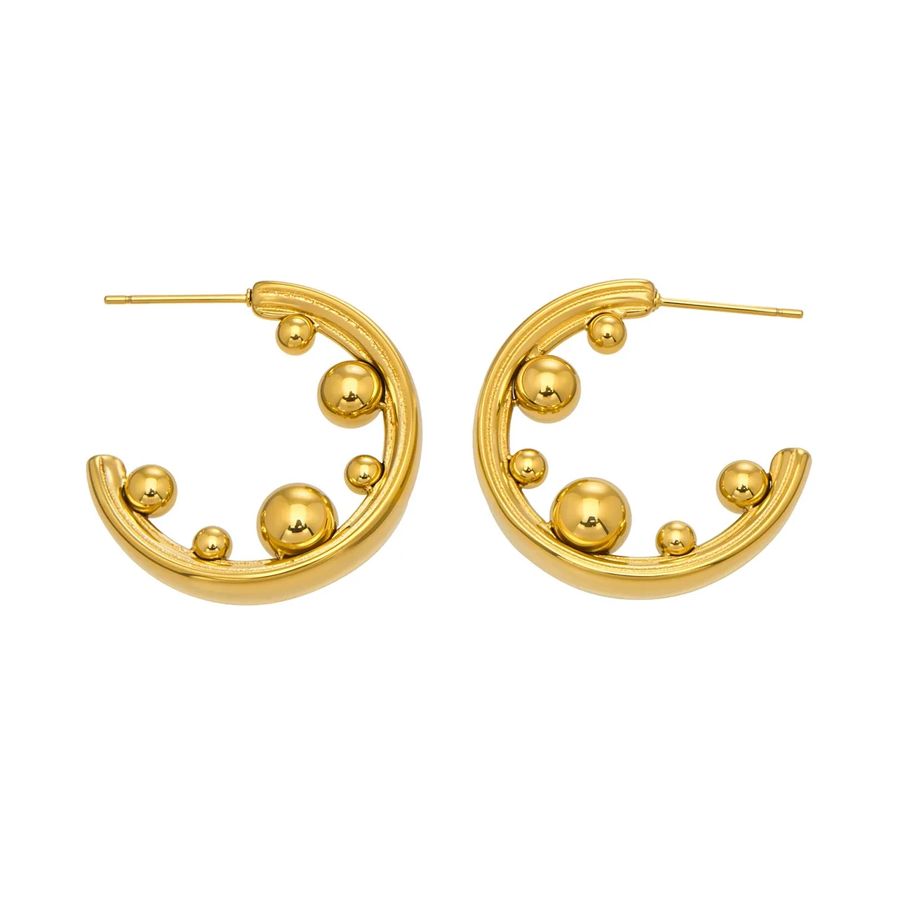 Sculptural C-Hoop Bead Stainless Steel Earrings