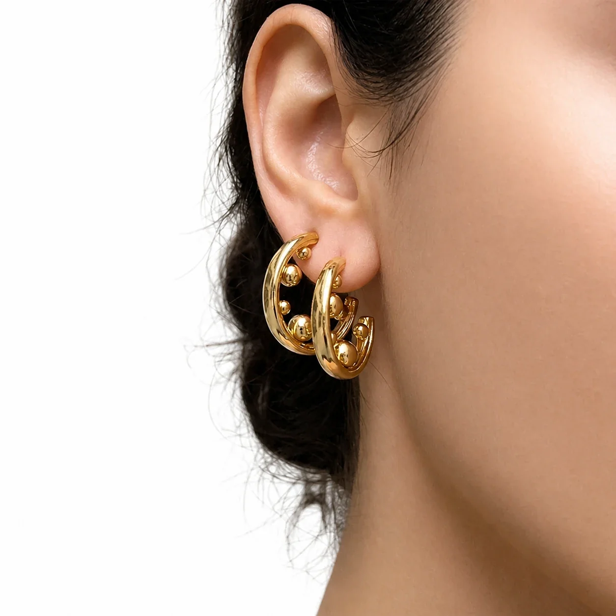 Sculptural C-Hoop Bead Stainless Steel Earrings