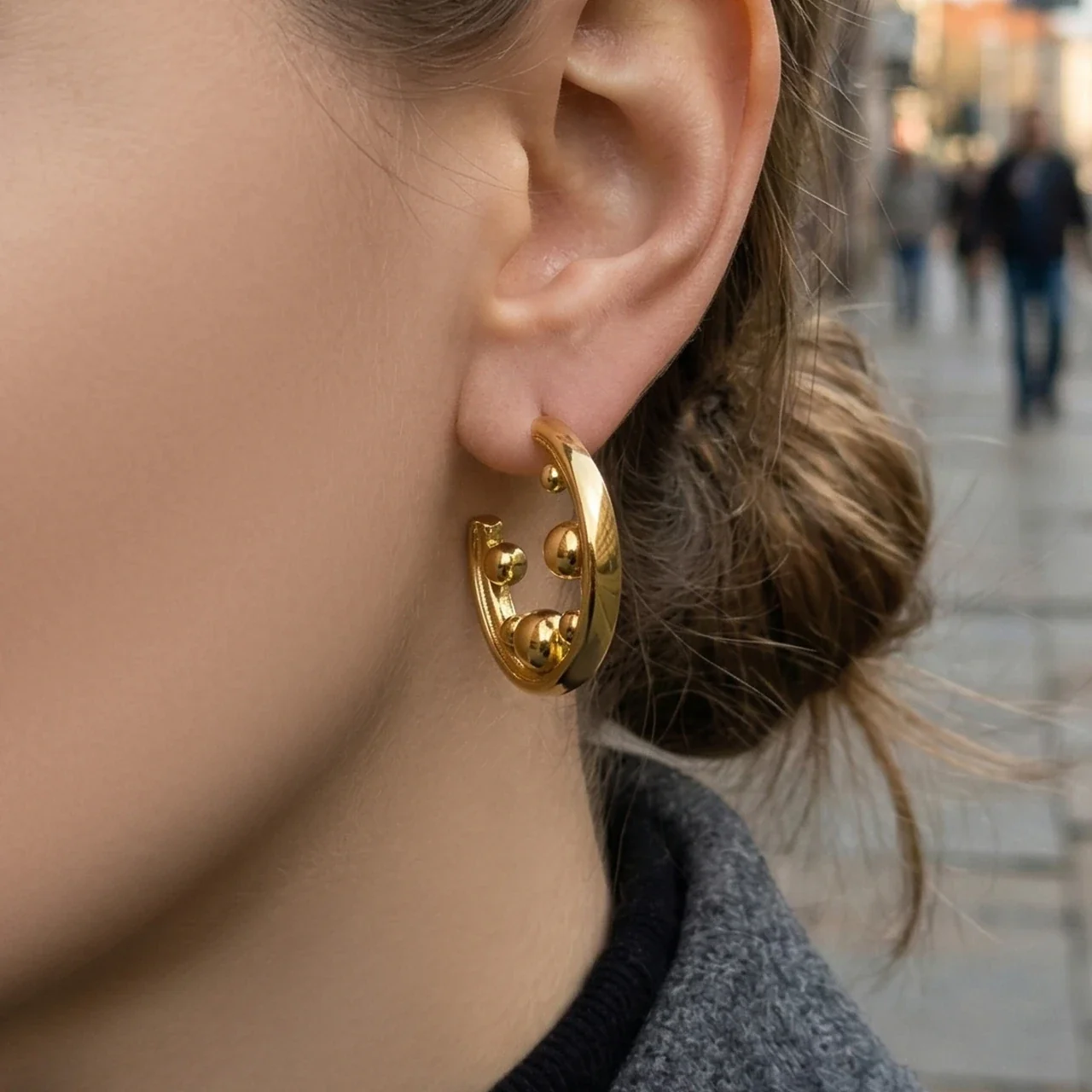 Sculptural C-Hoop Bead Stainless Steel Earrings