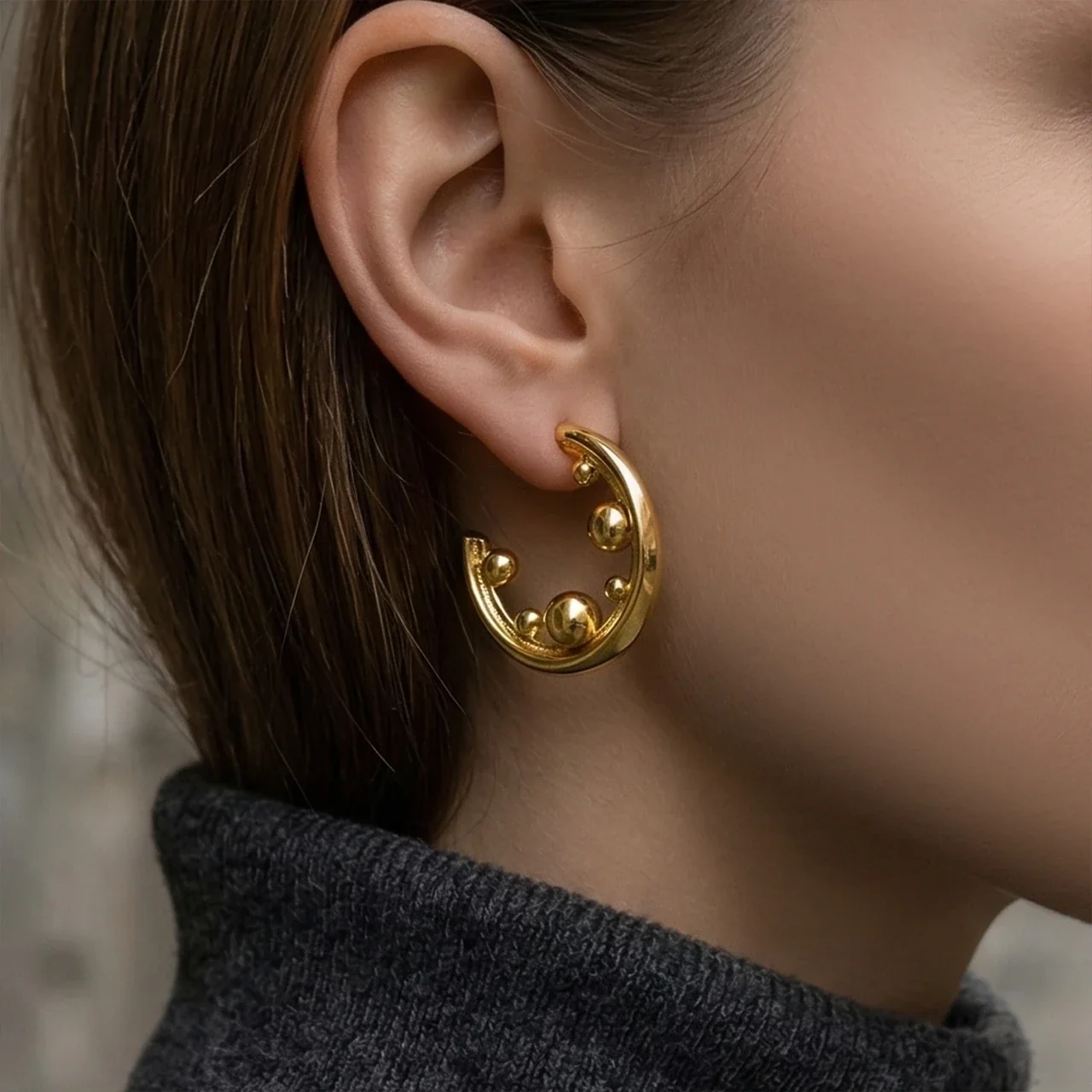 Sculptural C-Hoop Bead Stainless Steel Earrings