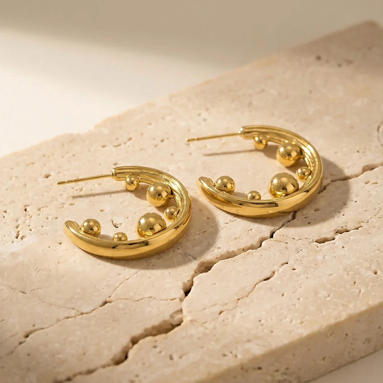 Sculptural C-Hoop Bead Stainless Steel Earrings