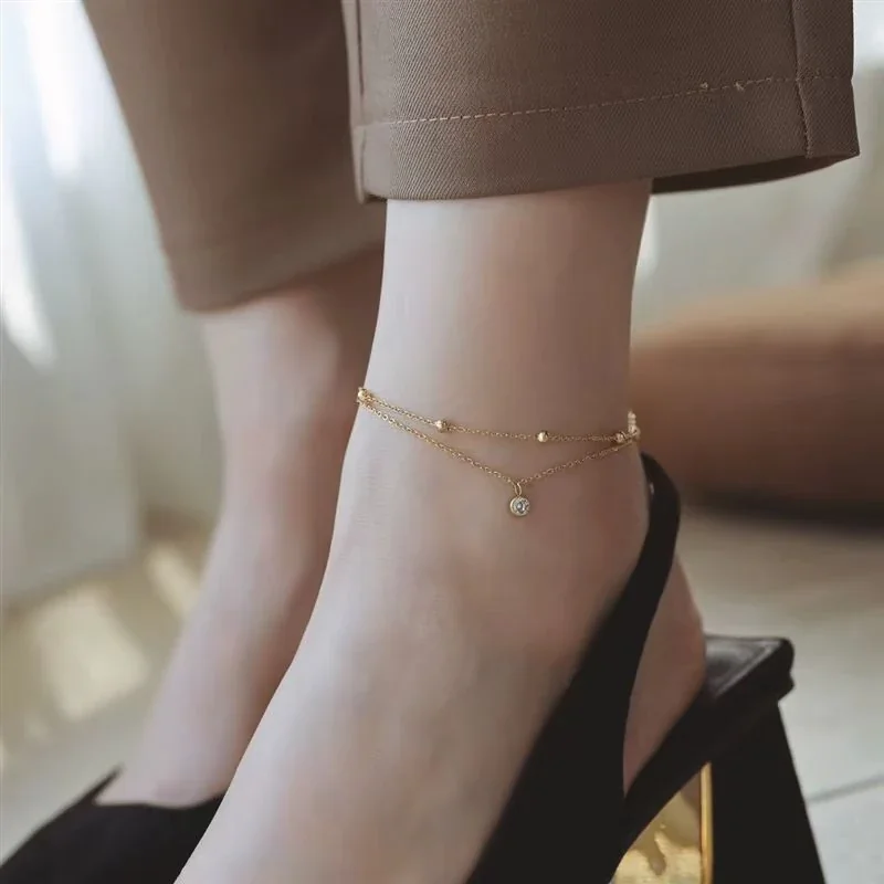 Delicate Gold-Tone Bead Stainless Steel Double Chain Anklet