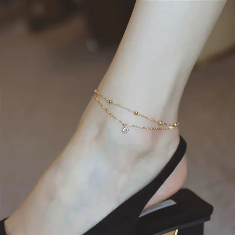Delicate Gold-Tone Bead Stainless Steel Double Chain Anklet