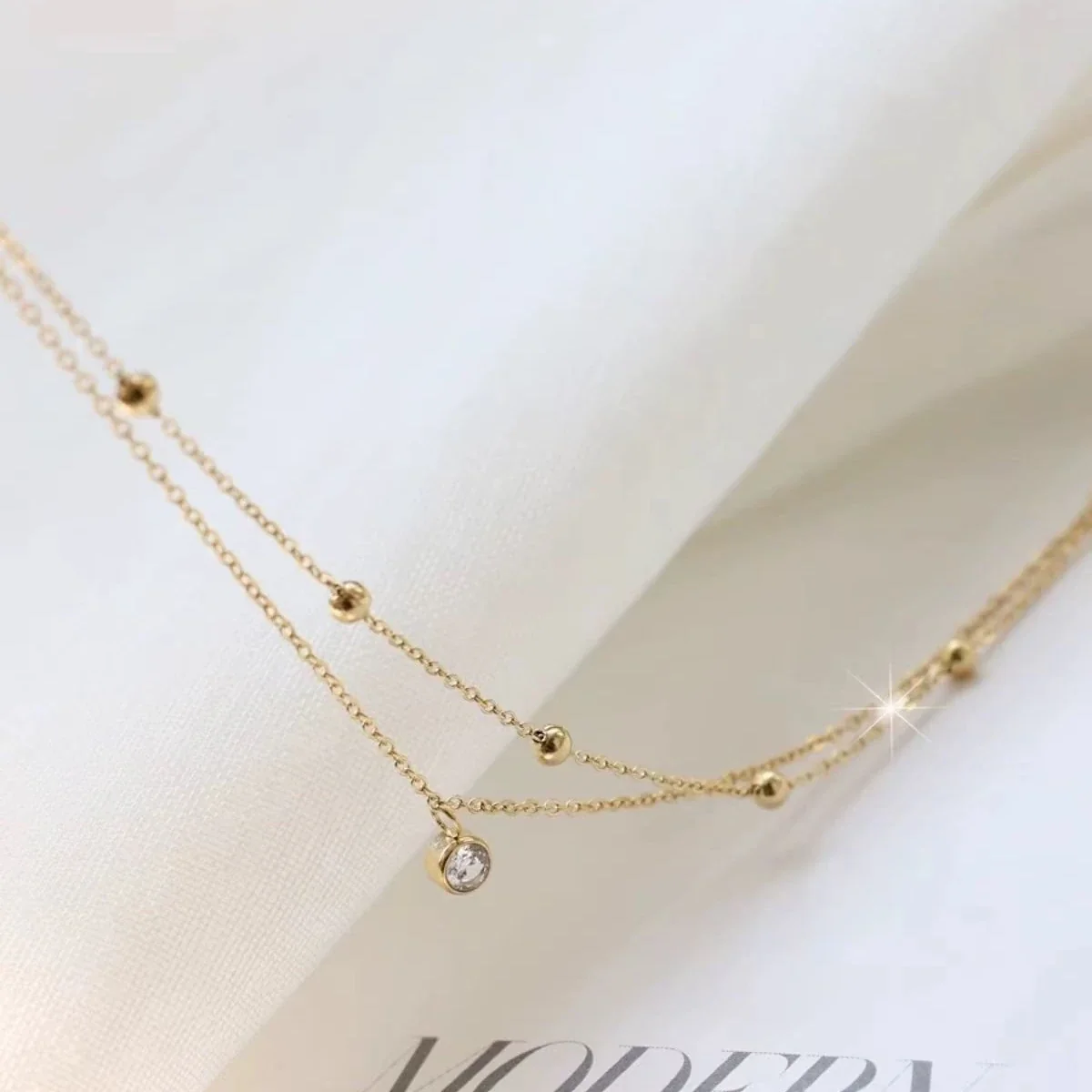 Delicate Gold-Tone Bead Stainless Steel Double Chain Anklet