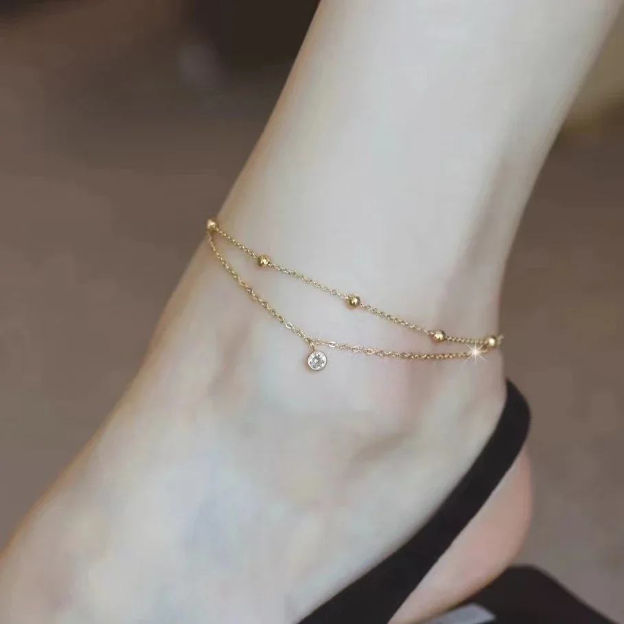 Delicate Gold-Tone Bead Stainless Steel Double Chain Anklet
