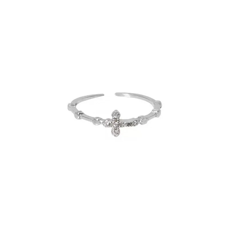 Delicate Pavé Cross Slim Open 925 Sterling Silver Ring