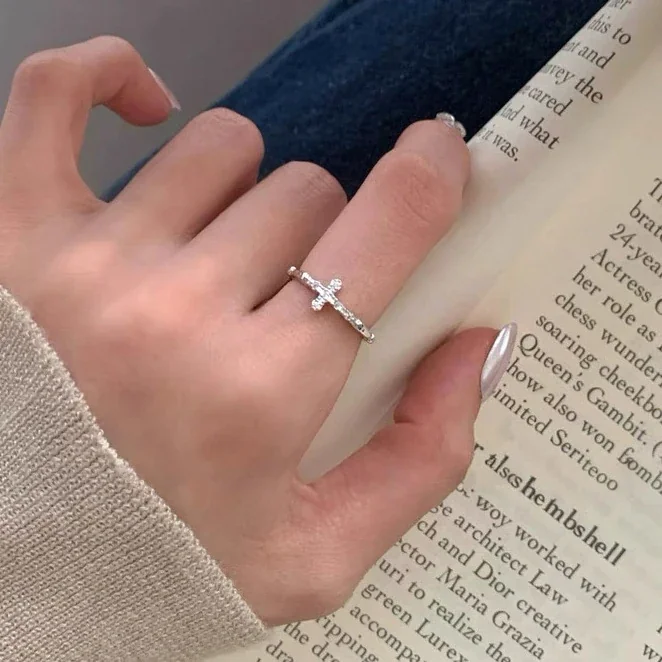 Delicate Pavé Cross Slim Open 925 Sterling Silver Ring