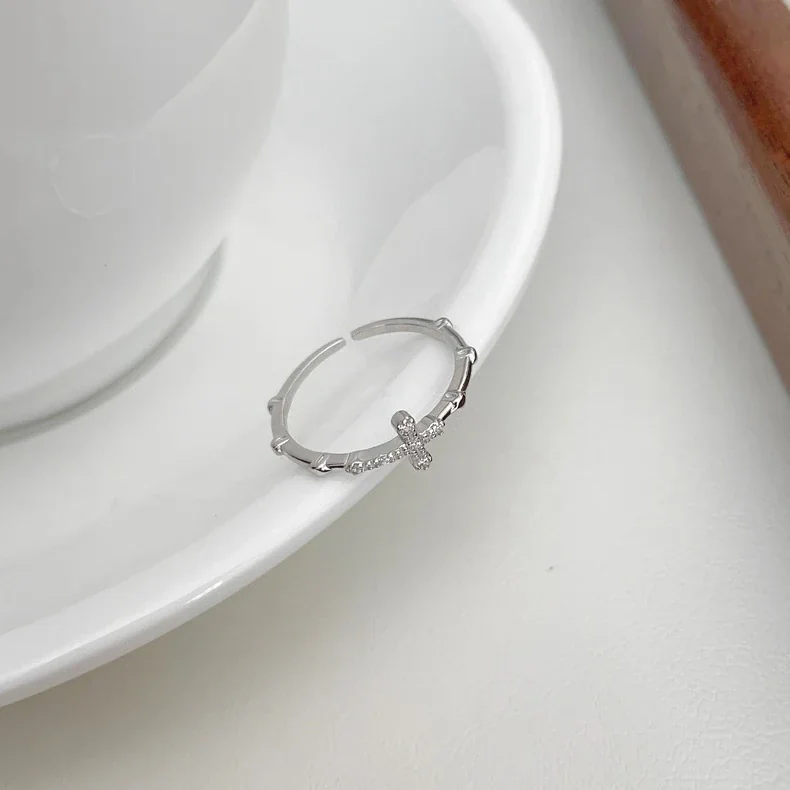 Delicate Pavé Cross Slim Open 925 Sterling Silver Ring