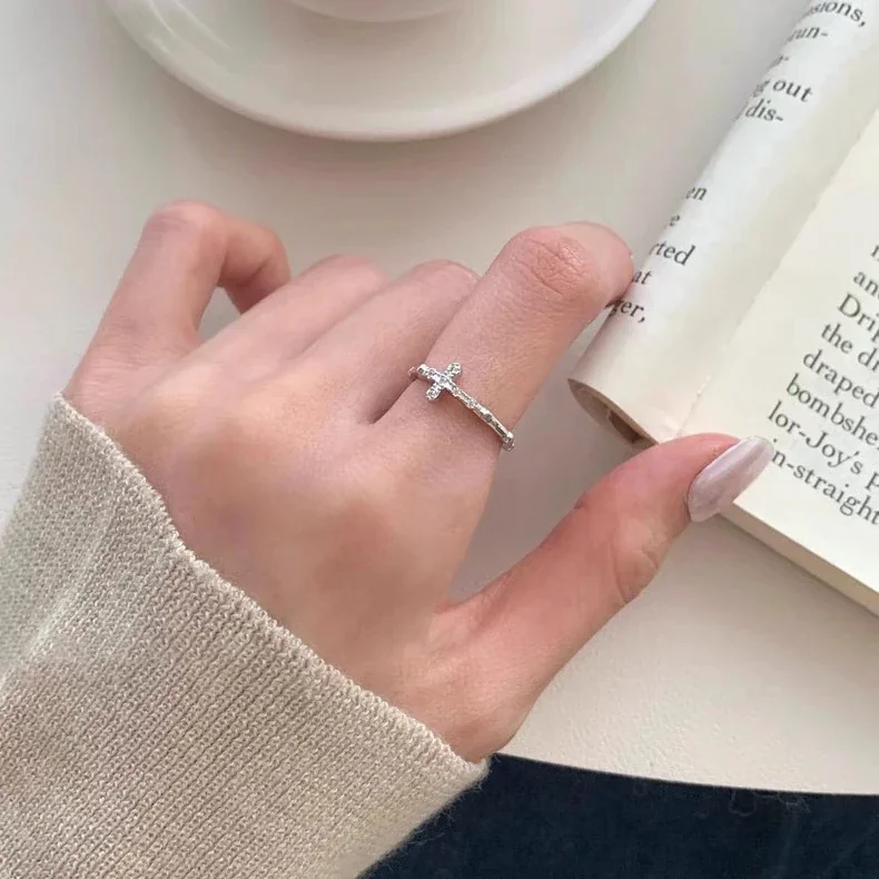Delicate Pavé Cross Slim Open 925 Sterling Silver Ring