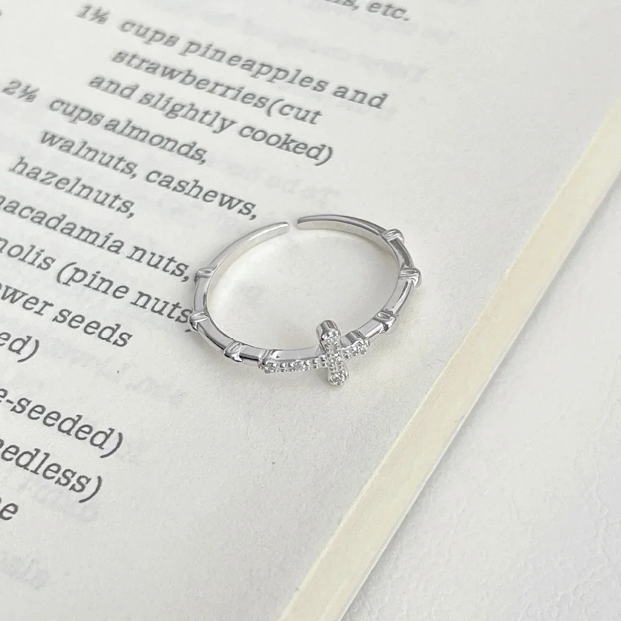 Delicate Pavé Cross Slim Open 925 Sterling Silver Ring