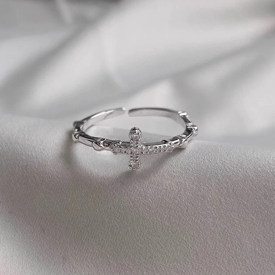 Delicate Pavé Cross Slim Open 925 Sterling Silver Ring - Silver