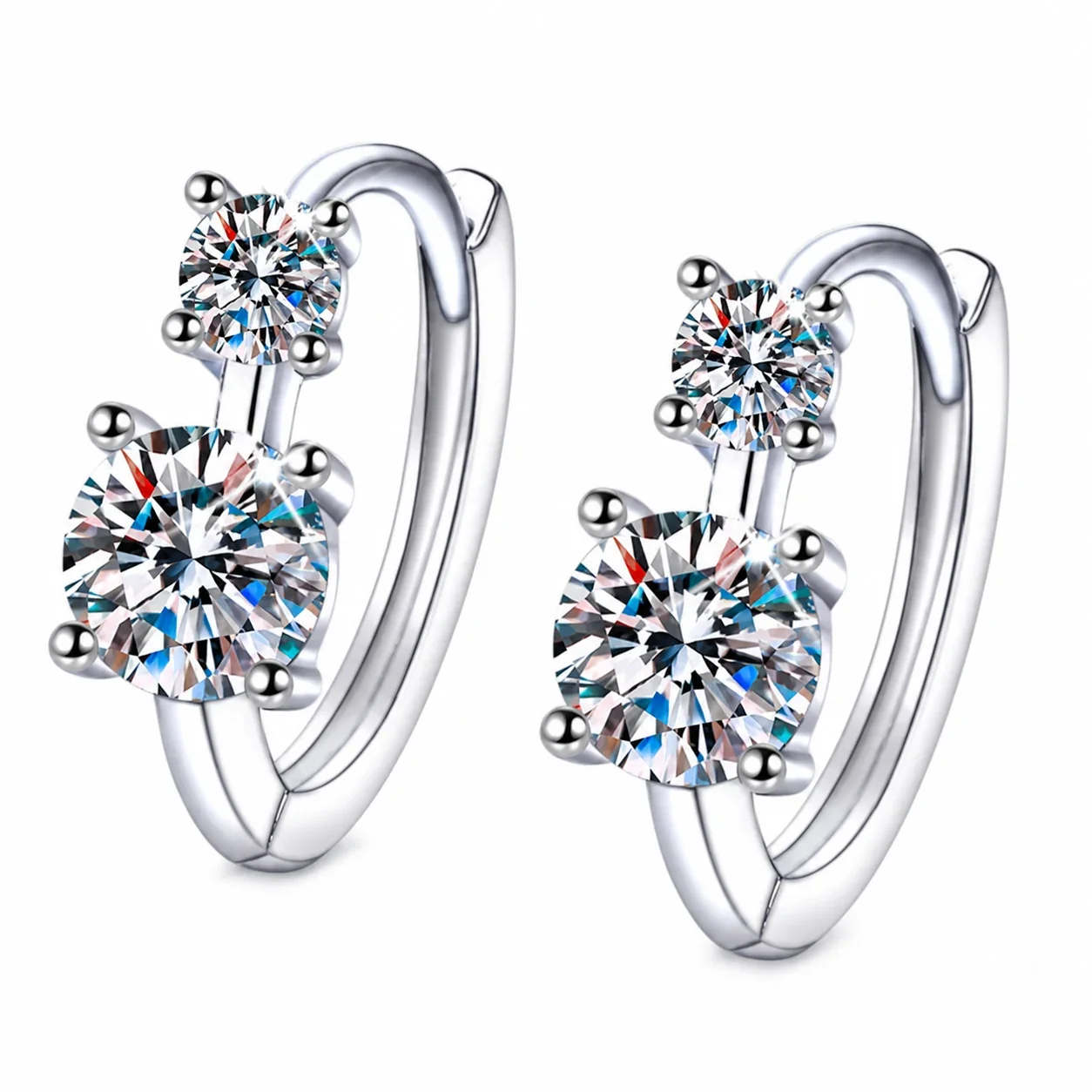 Twin Round Four-Prong 925 Sterling Silver Hoop Earrings