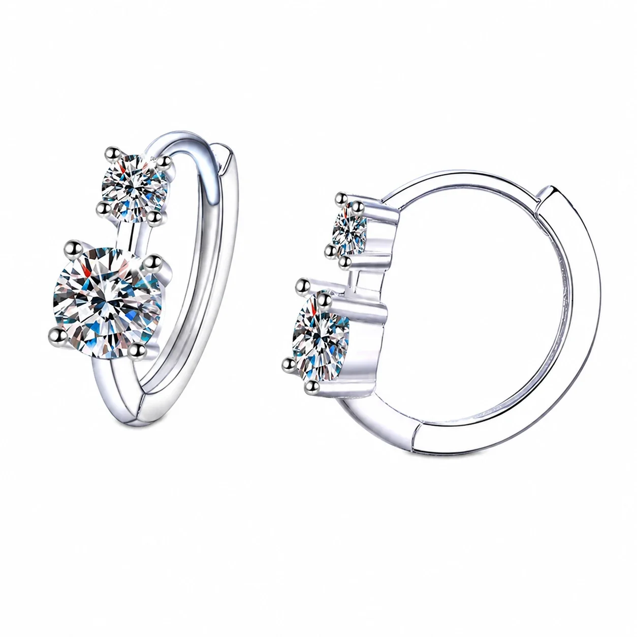 Twin Round Four-Prong 925 Sterling Silver Hoop Earrings