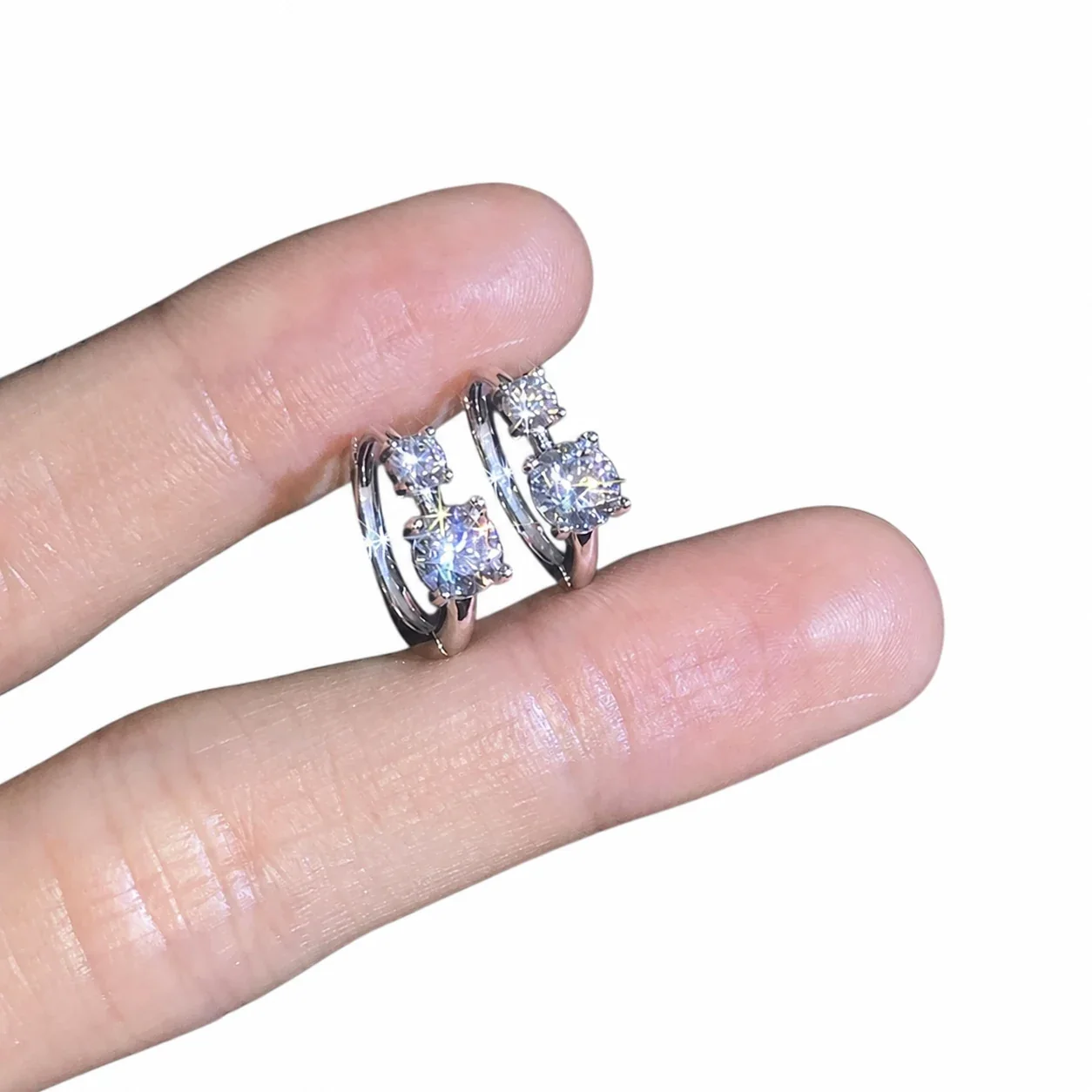 Twin Round Four-Prong 925 Sterling Silver Hoop Earrings