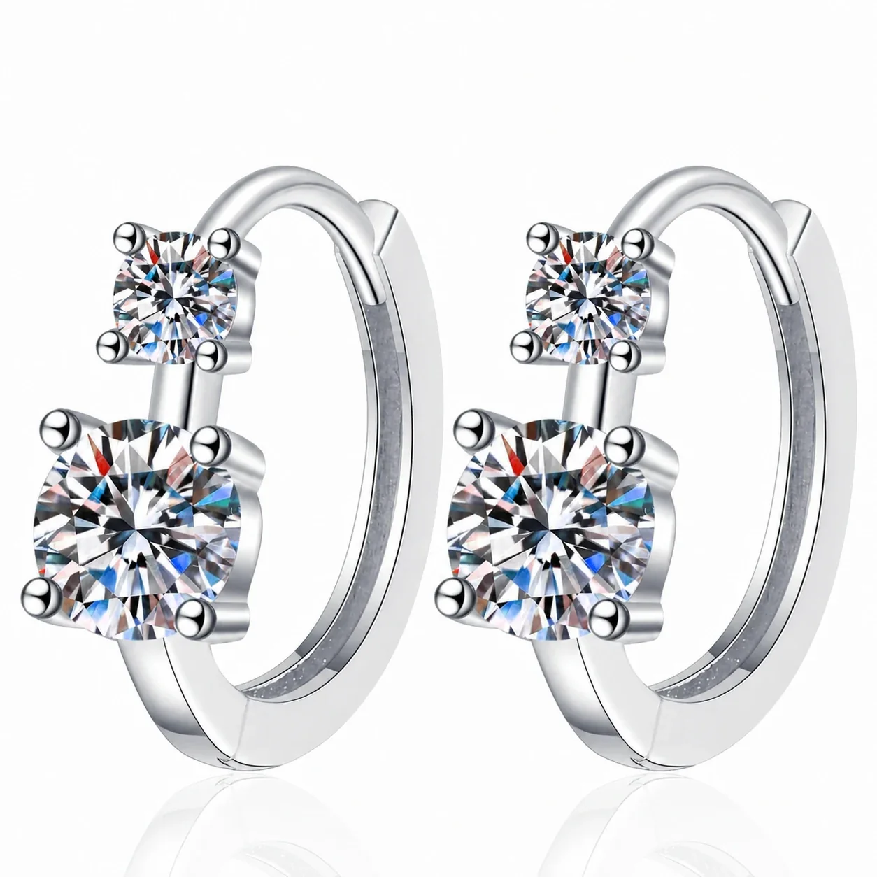 Twin Round Four-Prong 925 Sterling Silver Hoop Earrings