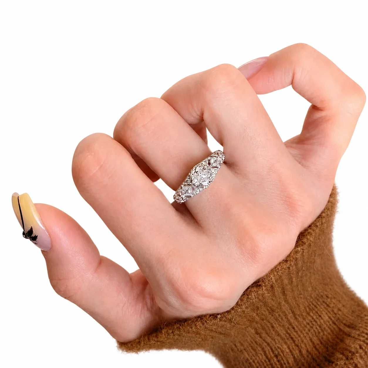Ornate Silver-Plated Lace Filigree Round CZ Copper Ring