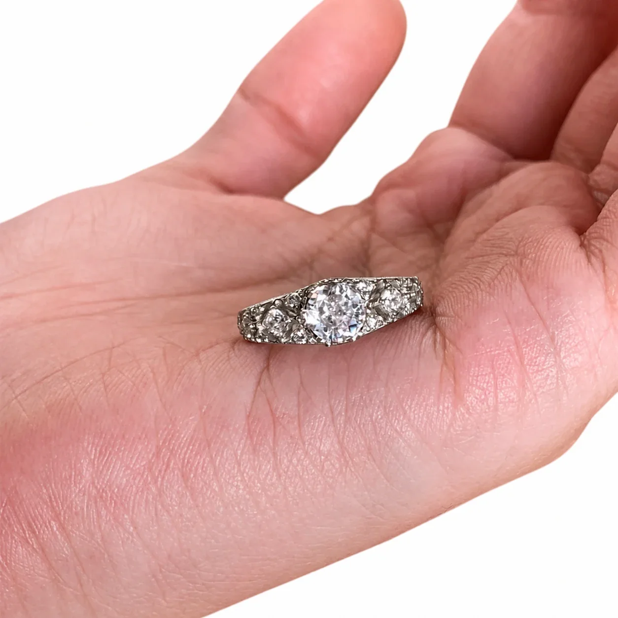 Ornate Silver-Plated Lace Filigree Round CZ Copper Ring