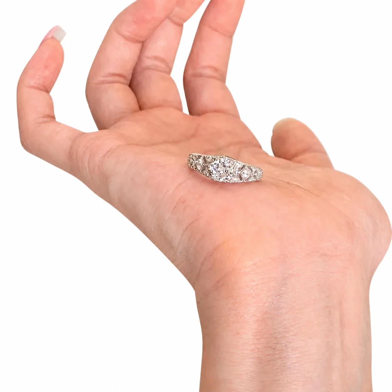 Ornate Silver-Plated Lace Filigree Round CZ Copper Ring