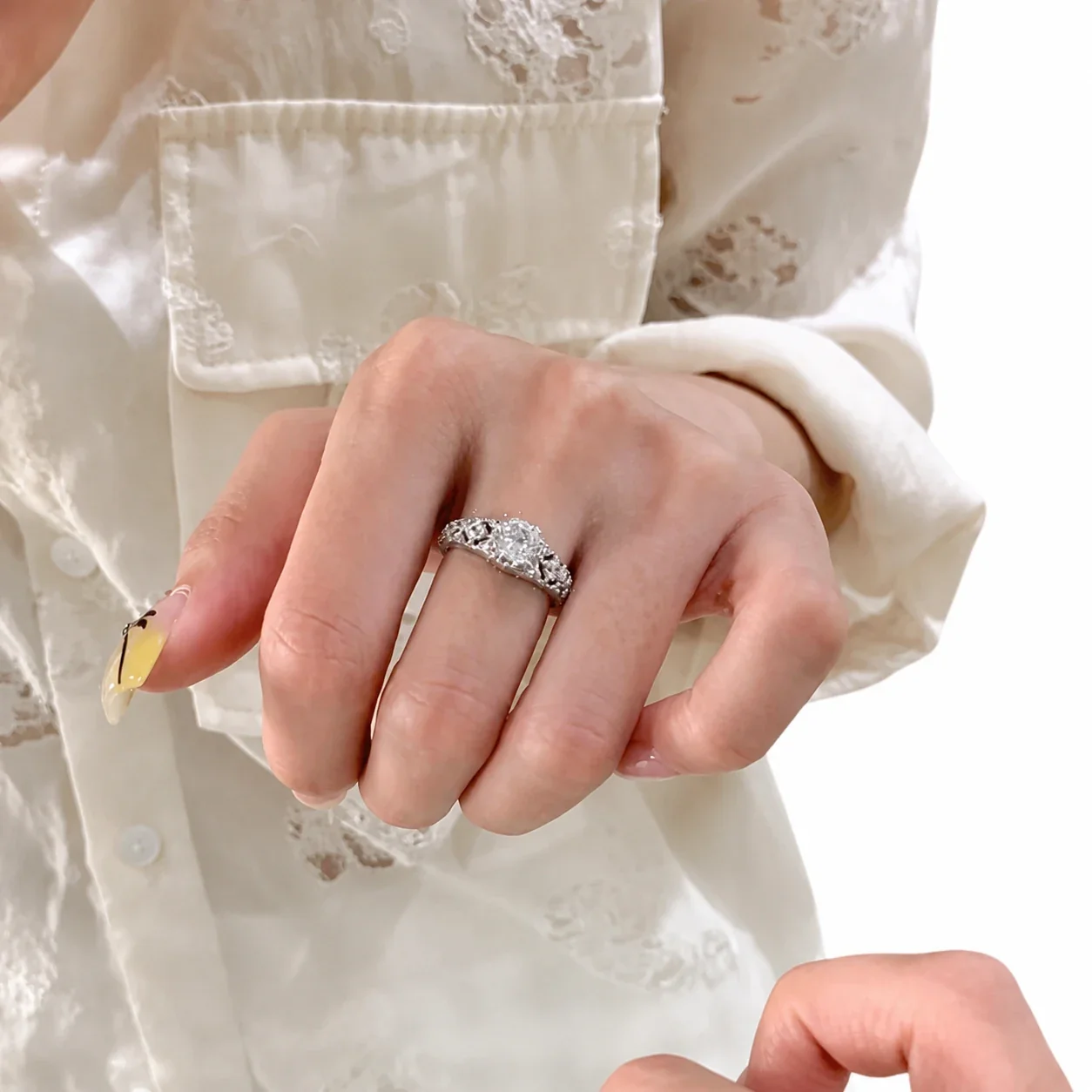 Ornate Silver-Plated Lace Filigree Round CZ Copper Ring