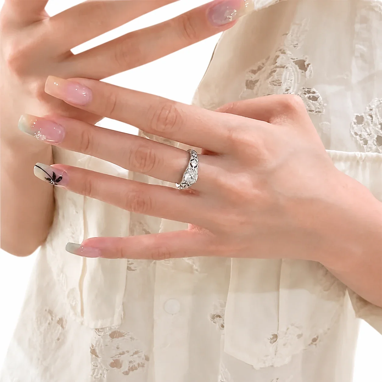 Ornate Silver-Plated Lace Filigree Round CZ Copper Ring