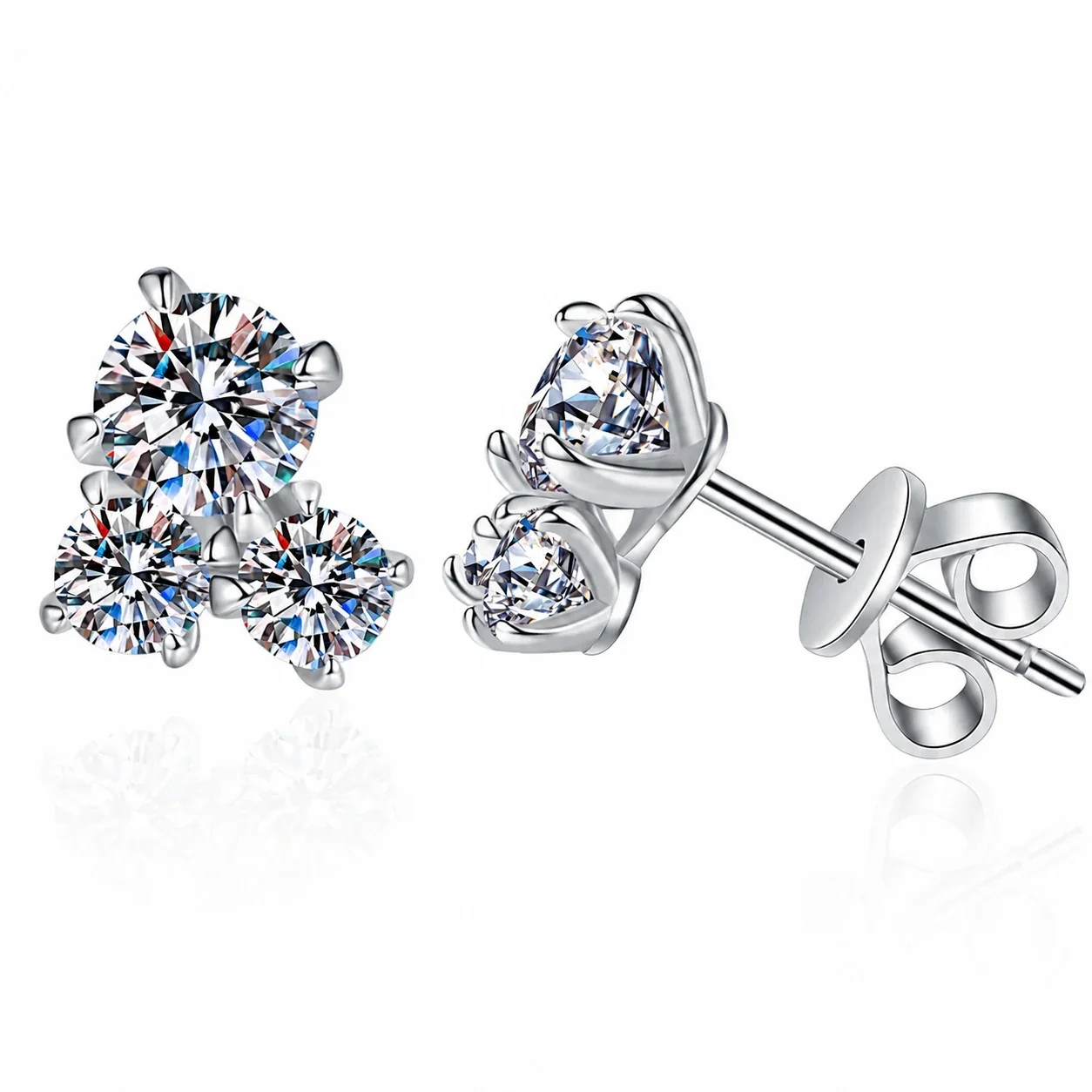 Asymmetric Triple Round Prong-Set 925 Sterling Silver Stud Earrings