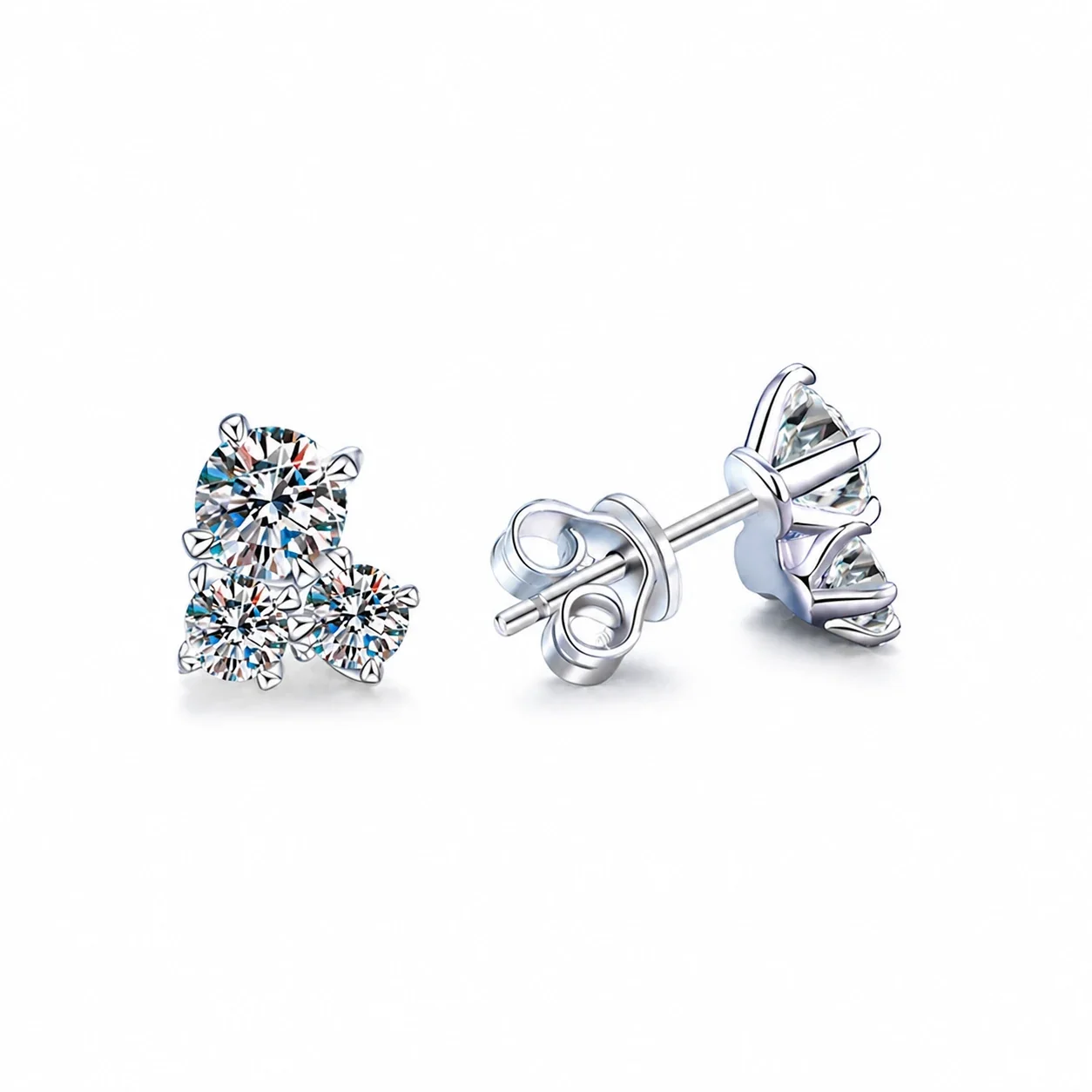 Asymmetric Triple Round Prong-Set 925 Sterling Silver Stud Earrings