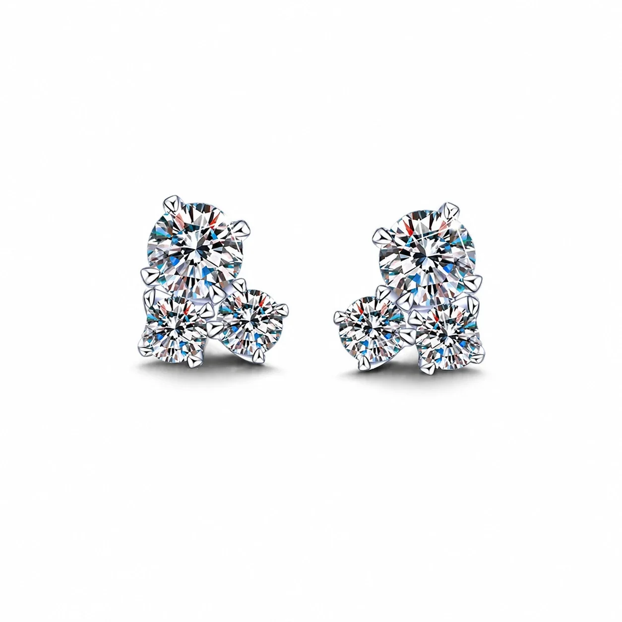 Asymmetric Triple Round Prong-Set 925 Sterling Silver Stud Earrings