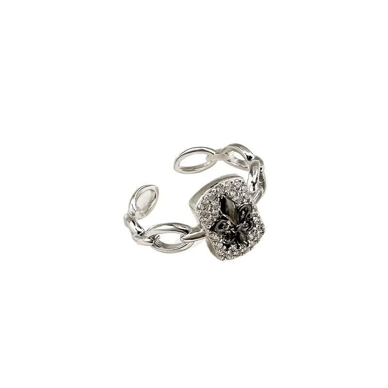 Ornate 925 Sterling Silver Fleur-de-Lis Crystal-Link Ring - Silver