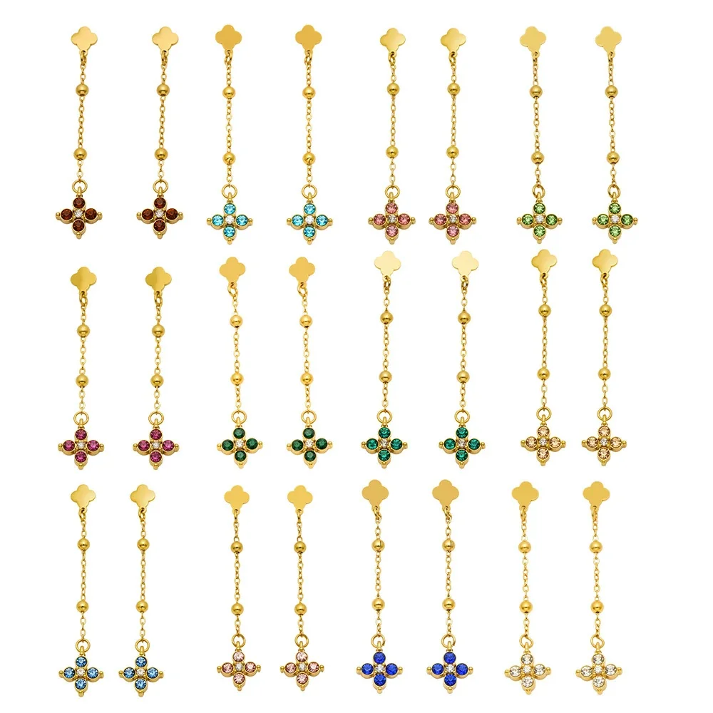 Delicate Clover Stud Bead Chain Stainless Steel Drop Earrings