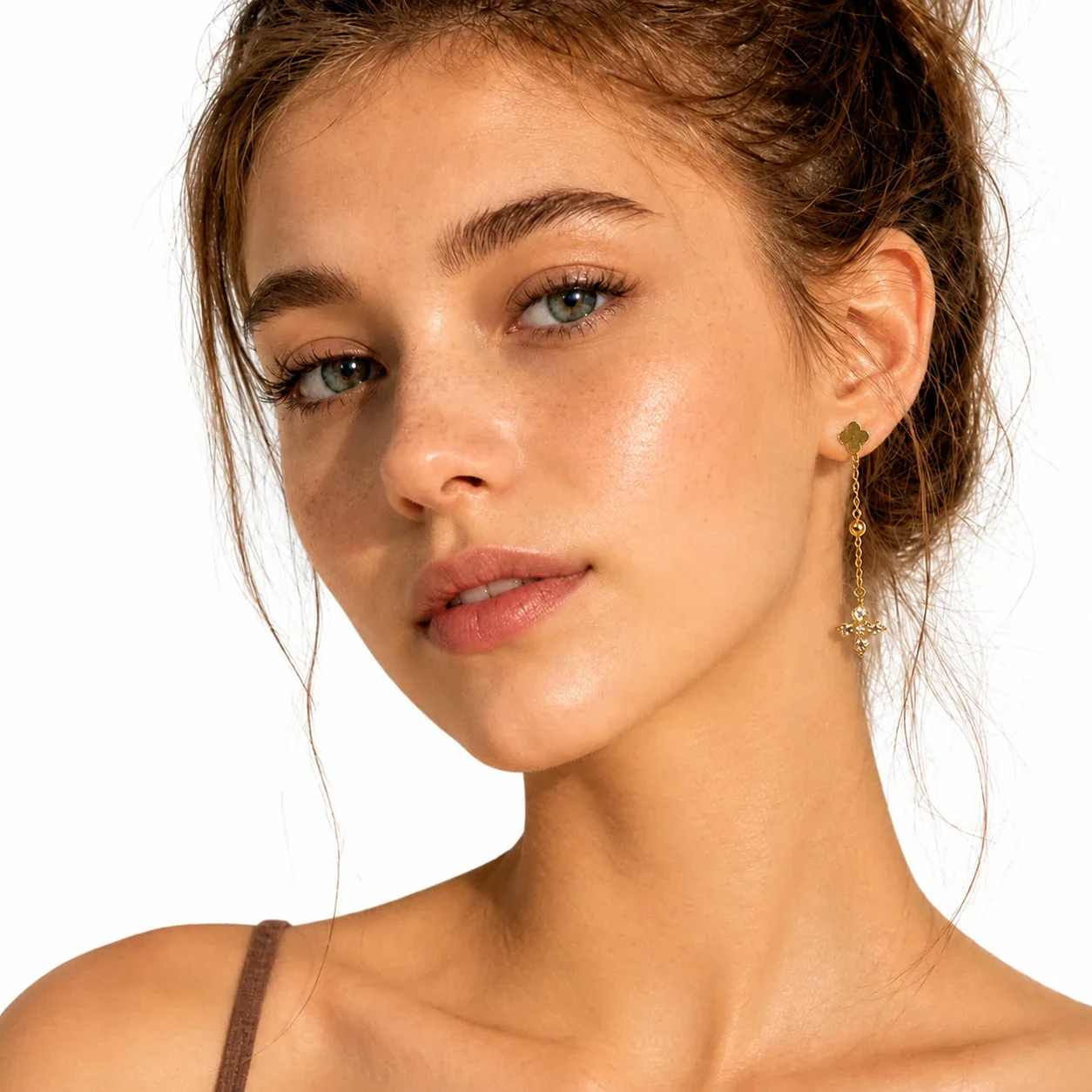 Delicate Clover Stud Bead Chain Stainless Steel Drop Earrings