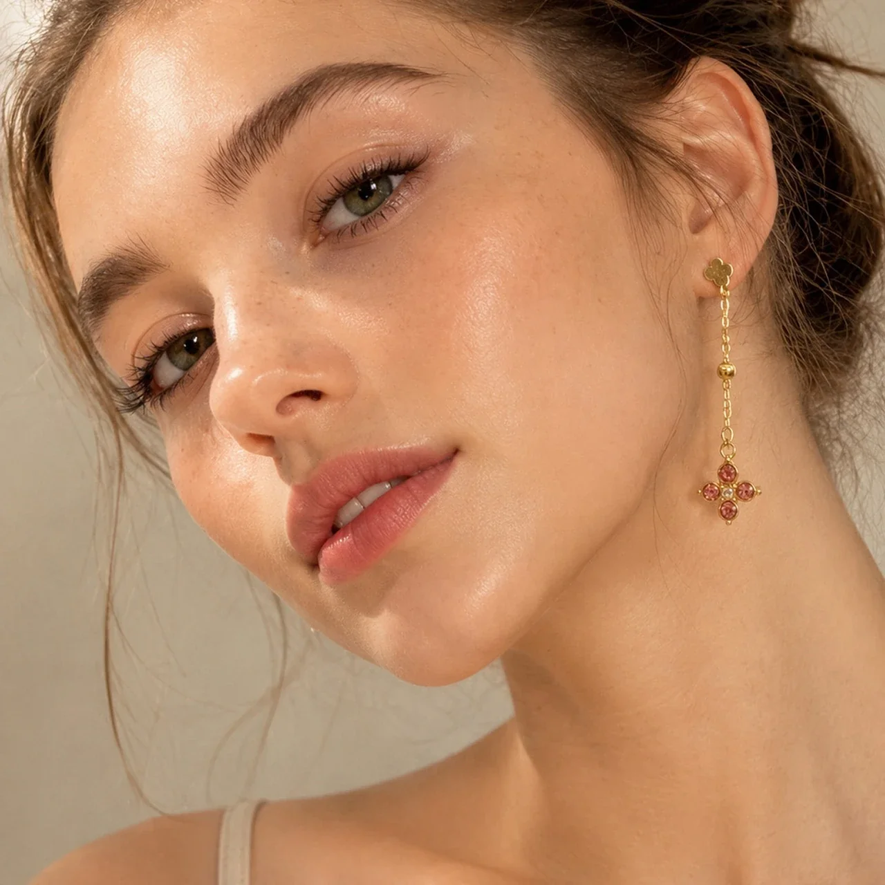 Delicate Clover Stud Bead Chain Stainless Steel Drop Earrings