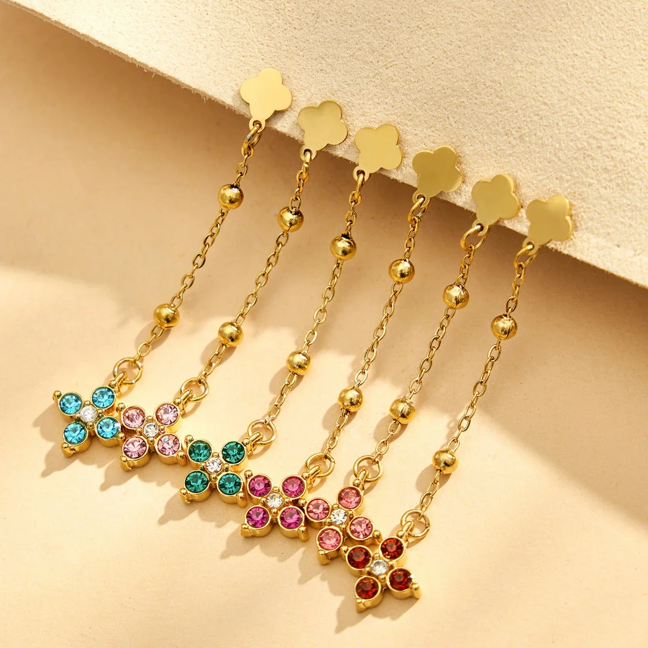 Delicate Clover Stud Bead Chain Stainless Steel Drop Earrings