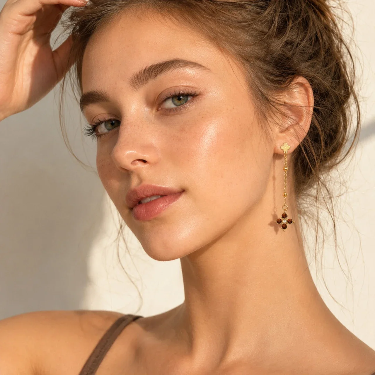 Delicate Clover Stud Bead Chain Stainless Steel Drop Earrings
